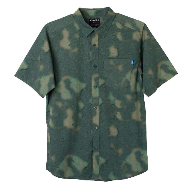 The KAVU Men's The Jam Top is a short sleeve button-up shirt in green and brown camo, made from organic cotton. It features a collar, left chest pocket, inner collar label, and casual style.