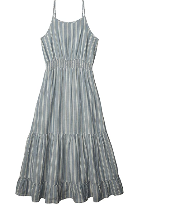 The Toad & Co Womens Airbrush Maxi Dress is a sleeveless, blue maxi dress with vertical white stripes, spaghetti straps, a fitted gathered waist, and a ruffled hem—ideal for stylish comfort on the go. Displayed on a white background.