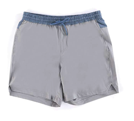 The Level Six Mens Atlas 7 Inch Boardshort features light gray quick-drying fabric, an elastic waistband with blue drawstring, blue-accented side pockets, and small slits at the leg openings for mobility.