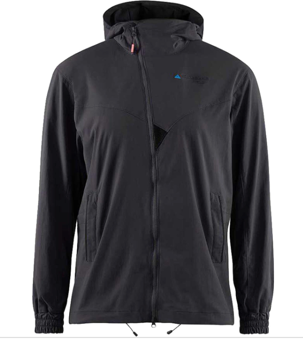 Men's full-zip hooded jacket in dark charcoal gray with elastic cuffs