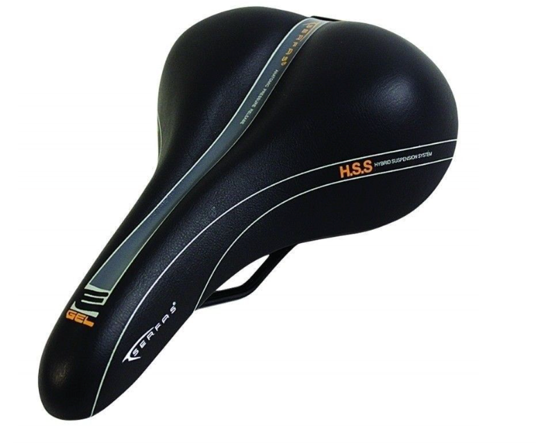 The Serfas Mens MSD-100 E-Gel Saddle is black with a wide, ergonomic design, gray and orange accents, H.S.S Hybrid Suspension System and GEL labels up front. Anatomically-contoured gel padding delivers stylish modern comfort for cyclists.
