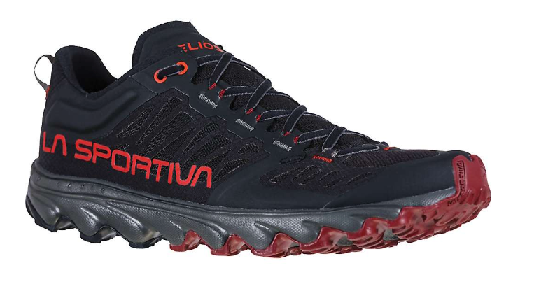 Helios III trail-running shoes, black mesh upper with red accents and rugged outsole