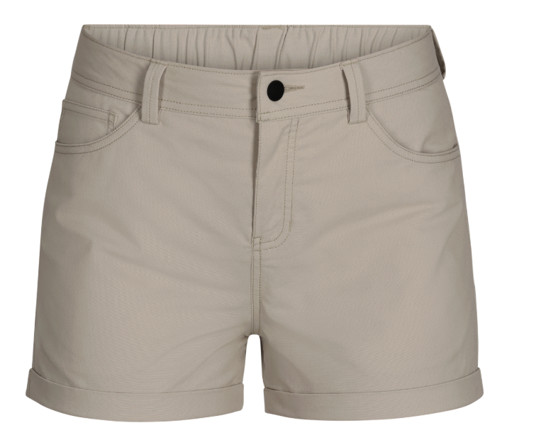 The Outdoor Research Womens Canvas 5 Inch Short in beige features button and zipper closure, belt loops, front pockets, and rolled cuffs—perfect hiking shorts for your next adventure. Displayed on a white background.
