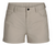 The Outdoor Research Womens Canvas 5 Inch Short in beige features button and zipper closure, belt loops, front pockets, and rolled cuffs—perfect hiking shorts for your next adventure. Displayed on a white background.