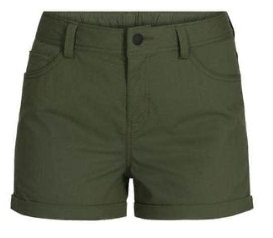 The Outdoor Research Womens Canvas 5 Inch Short in olive green features a button and zipper closure, belt loops, front pockets, and rolled cuffs—ideal hiking shorts combining comfort and style for any outdoor adventure.