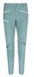 The Ortovox Womens Pelmo Pant features a light blue-green color, slim legs, quick-drying fabric, two front pockets, a zippered thigh pocket, button closure, and pale blue trim outlining the pockets.