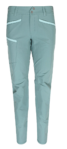 The Ortovox Womens Pelmo Pant features light blue-green quick-drying fabric, two front pockets, a right thigh side pocket, button closure, and matching trim—ideal for active adventures.