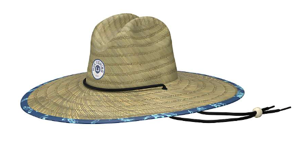 The Huk Mens Straw Palm Wash Hat features a wide brim for sun protection, a blue patterned trim, black chin cord, and a front logo patch—making it an ideal stylish outdoor hat for sunny days.