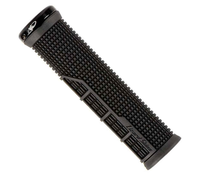 The Lizard Skins Charger Evo Single-Sided Lock-On Grip is a black MTB grip with a textured, knobby surface, a metal locking ring at one end, and "Lizard Skins" embossed on the side for secure handlebar control.