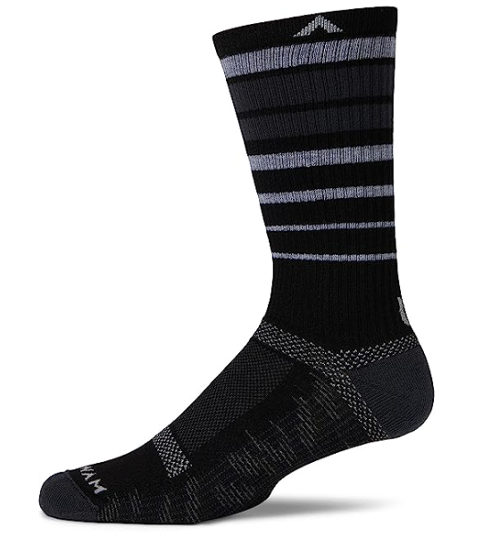 The Wigwam Ultra Cool-Lite Stripe Crew Sock is a black crew sock with gray stripes, featuring ribbed and mesh-knit zones for support, reinforced heel and toe, offering breathability and all-day comfort. Displayed on a white background.
