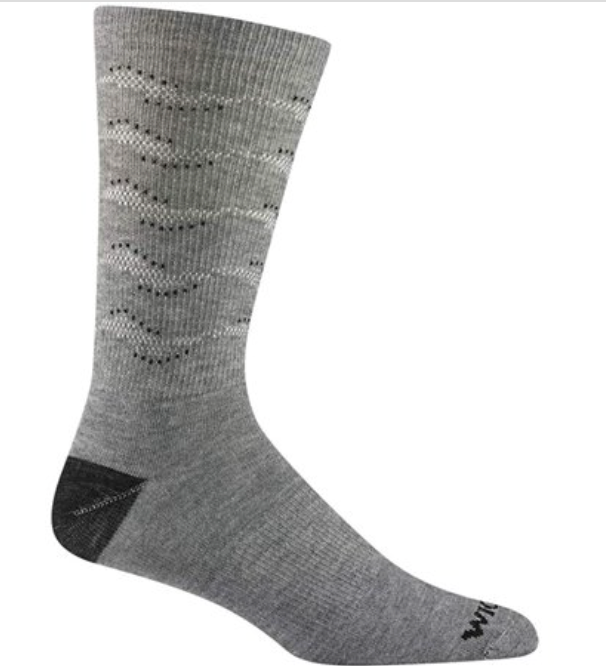 The Wigwam Odin Sock is a single light gray outdoor sock with a black heel and toe, featuring a subtle zigzag pattern and small dotted accents, making it perfect for stylish hiking.