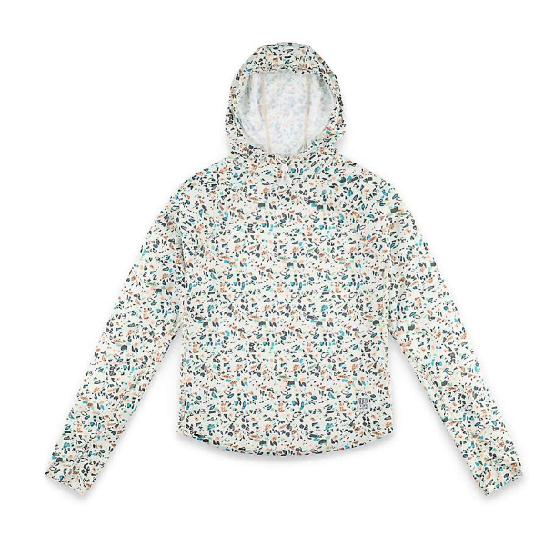 The Topo Designs Womens River Hoodie is a lightweight, sun-protective, and moisture-wicking hoodie for women. It features a white base with an all-over blue, green, and brown abstract print and is shown flat with arms spread out.