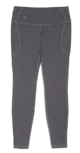 The Stonewear Women's Liberty Tight Traveler is a pair of dark gray, high-waisted athletic tights with side pockets and visible stitching, shown laid flat on a white background.