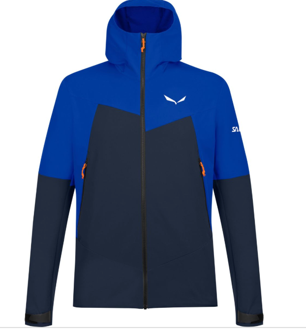The Salewa Mens Sella DST Jacket is a breathable hiking jacket with a blue and navy hood, orange zipper pulls, white chest logo, SALEWA branding on the sleeve, full front zip, and two zippered side pockets.