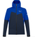 The Salewa Mens Sella DST Jacket is a breathable hiking jacket with a blue and navy hood, orange zipper pulls, white chest logo, SALEWA branding on the sleeve, full front zip, and two zippered side pockets.