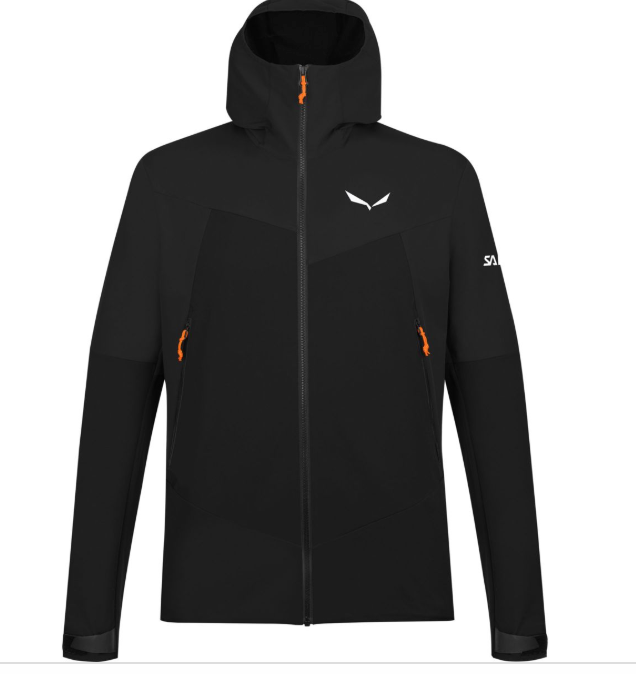 The Salewa Mens Sella DST Jacket is a black, hooded hiking jacket with a sleek, minimalist design, front zipper, orange zipper pulls on two side pockets, and white logos on the chest and left sleeve.