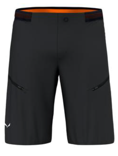 The Salewa Men's Pedroc Pro DST Cargo Short features a black design with zippered side pockets, button closure, a white logo on the left leg, and an orange waistband for style—perfect lightweight shorts for hiking or outdoor activities.