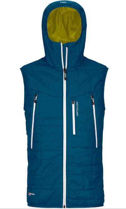 Ortovox men's Swisswool Piz Boe vest, petrol-blue hooded quilted sleeveless jacket