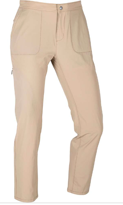 Mountain Khakis Womens Trail Pant in beige, featuring a straight-leg fit, front patch pockets, zip fly, and button closure—ideal hiking pants for your next outdoor adventure. Shown against a white background.