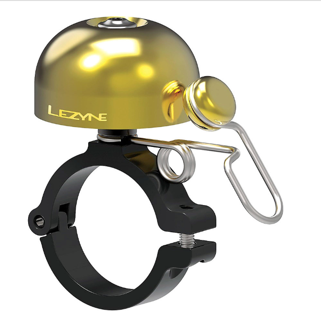 Lezyne classic brass bike bell with black handlebar clamp, gold tone button