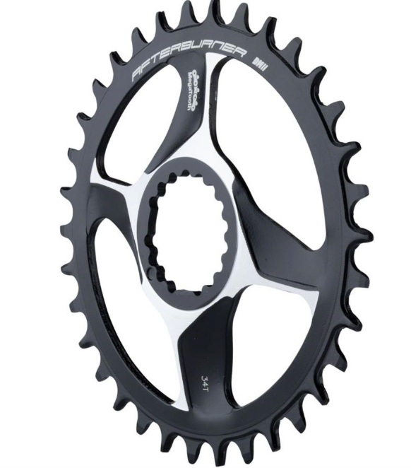 The Full Speed Ahead Afterburner DM Megatooth is a black and silver 34-tooth bicycle chainring, designed for high-performance crankset setups and compatible with the Afterburner DM Megatooth crankset.