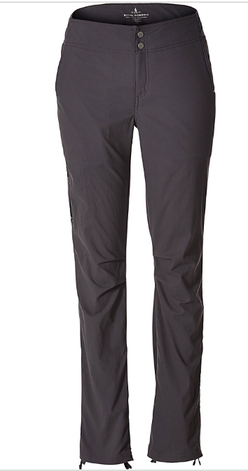 The Royal Robbins Womens Jammer II Pant in dark gray features a slim, straight-leg fit, button and zipper closure, front and side pockets, and lightweight stretch fabric—perfect for active outdoor adventures.