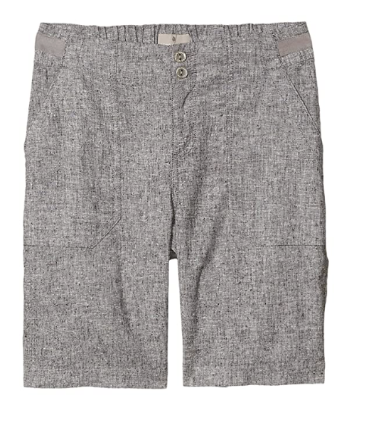 The Royal Robbins Womens Hempline Short features textured gray hemp organic cotton, two front pockets, an elastic waistband, buttons, and a zip fly—offering a sustainable, relaxed fit and simple knee-length design for outdoor wear.
