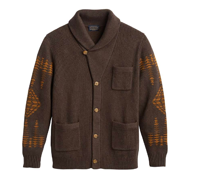 Pendleton men's Harding button cotton cardigan, brown with patterned sleeves and chest pockets