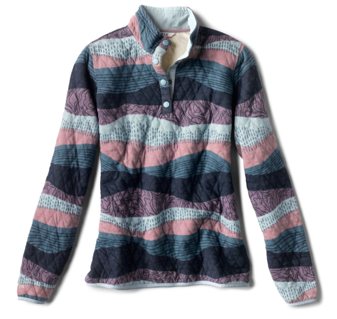 The Orvis Womens Outdoor Quilted Snap Printed Sweatshirt features long sleeves, a high collar with four snaps, and wavy horizontal stripes in blue, pink, white, and purple with various patterns.