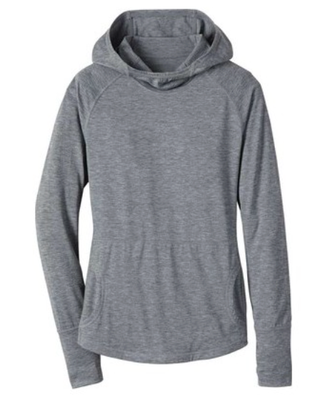 The Mountain Khakis Womens Passage Hoodie is a light gray, long-sleeve moisture-wicking hoodie with a relaxed fit and front pouch pocket—ideal for women's everyday outdoor comfort.