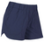 The Mountain Khakis Womens Canton Classic Fit Short features quick-drying navy blue fabric, an elastic waistband, two side pockets, and a curved hem—perfect lightweight shorts for sports, outdoor activities, or casual wear.