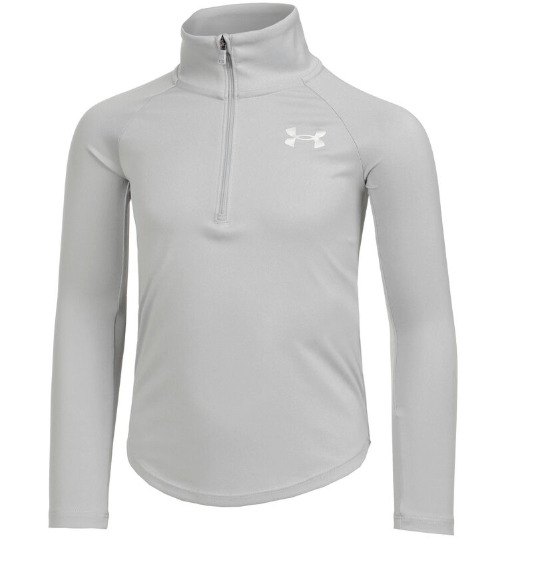 The Under Armour Girls Tech Graphic 1/2 Zip Top in light gray features long sleeves, a quarter zip, high collar, and a white logo on the left chest. Made from lightweight UA Tech fabric for comfort.