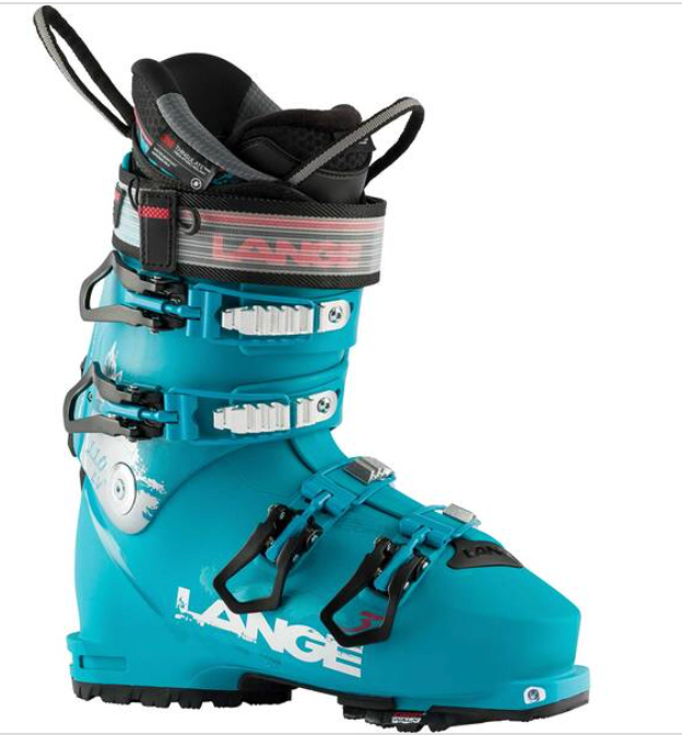The Lange Women XT3 110 L Freeride Ski Boots are bright blue with black and silver buckles, a black padded interior, and "Lange" in white on the side. The women-specific boot is upright, facing left on a white background.