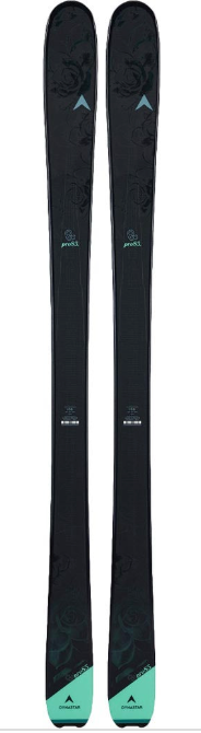 The Dynastar Women's E-Pro 85 Freeride Skis feature a black design with light teal tips and subtle top patterns—standing upright on a white background, they are perfect all-mountain skis for versatile performance and stylish flair.