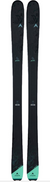 The Dynastar Women's E-Pro 85 Freeride Skis feature a black design with light teal tips and subtle top patterns—standing upright on a white background, they are perfect all-mountain skis for versatile performance and stylish flair.