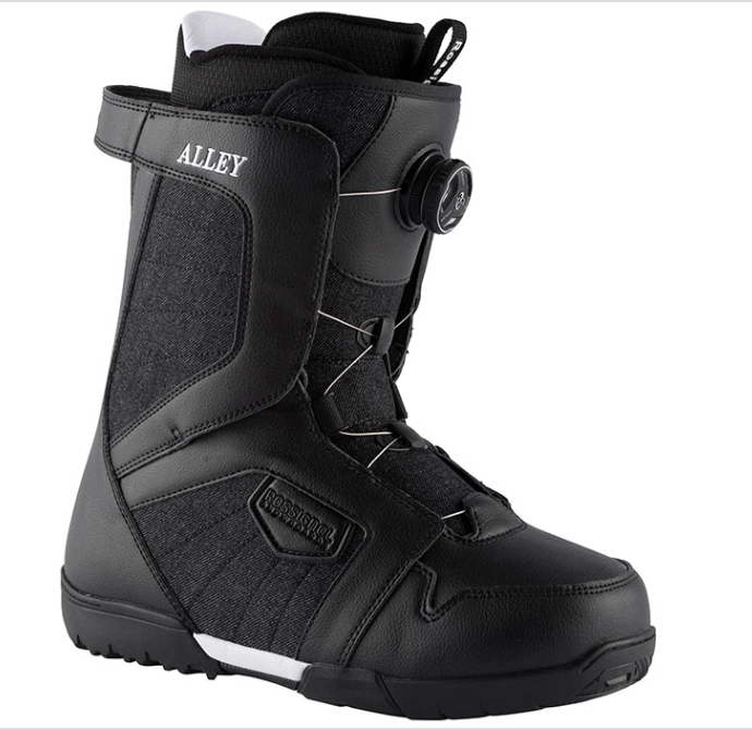 The Rossignol Alley Boa H4 Women's Snowboard Boots are black with a BOA Closure system, ALLEY labeled near the top, ROSSIGNOL on the side, reinforced stitching, and a textured sole.