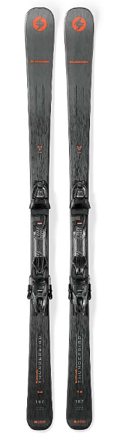 A pair of black skis with subtle woodgrain texture and orange accents, featuring the Blizzard Thunderbird 7.2 Ski paired with Marker TLT 10 GW Bindings, standing upright side by side.