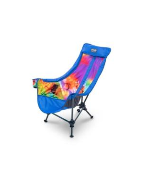 Colorful tie-dye lounger chair with blue base, headrest and foldable legs