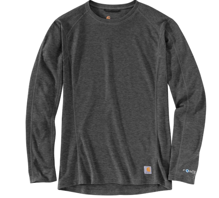 The Carhartt Men's Force Midweight Synthetic-wool blend Baselayer Crewneck Top is a dark gray, long-sleeve crewneck with a relaxed fit, subtle logos, and a soft synthetic-wool blend. It features no visible patterns or designs.