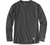 The Carhartt Men's Force Midweight Synthetic-wool blend Baselayer Crewneck Top is a dark gray, long-sleeve crewneck with a relaxed fit, subtle logos, and a soft synthetic-wool blend. It features no visible patterns or designs.