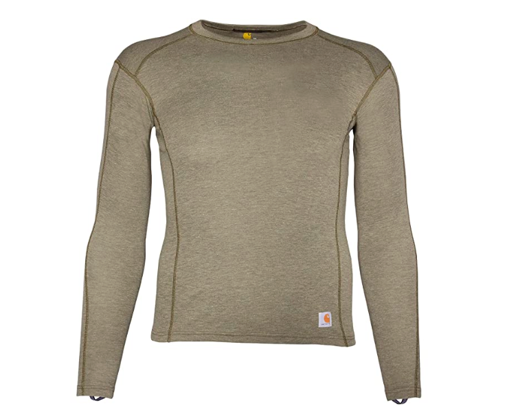 The Carhartt Mens Force Midweight Synthetic-wool Blend Baselayer Crewneck Top in khaki is shown on a plain white background, featuring simple stitching and a small rectangular logo patch near the bottom hem.