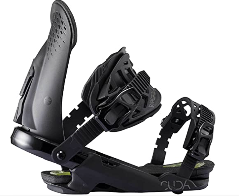 The Rossignol Men's Cuda Snowboard Bindings feature a modern black design with adjustable straps, highback, and baseplate, offering secure boot-to-board connection and rugged textured surfaces for performance.