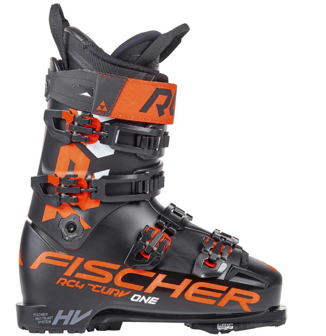 The FISCHER RC4 THE CURV ONE 120 VACUUM WALK SKI BOOT is a black alpine touring boot with orange accents, four adjustable buckles, 120 flex for high performance, and Fischer branding on the side.