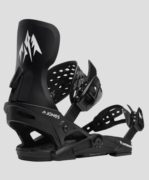 The Jones Youth Asteroid Snowboard Binding features a high back, adjustable straps, and Jones and NOW logos on the sides—perfect kids’ snowboard bindings—shown on a plain light gray background.