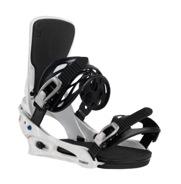 The Burton Mens Cartel Snowboard Binding 2025 is a black and white all-mountain binding with adjustable straps, metal buckles, high back, and padded footbed for secure boot fit, support, comfort, and responsive control.