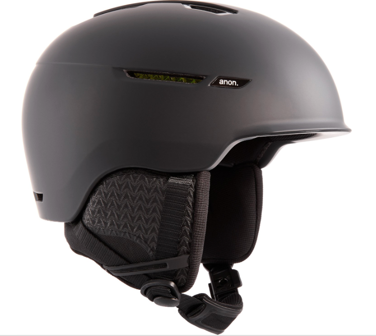 The Anon Logan WaveCel Snow Helmet is a matte black ski helmet with ear protection, a chin strap, subtle anon. logo, and small ventilation openings for comfort and style on the slopes.