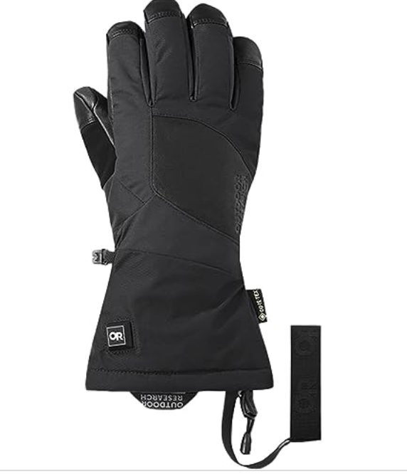The Outdoor Research Prevail Heated Gore-Tex Gloves are black, insulated ski gloves with reinforced fingertips, wrist strap, adjustable cuff cinch, GORE-TEX tag, and Outdoor Research logo for warmth and waterproof protection.
