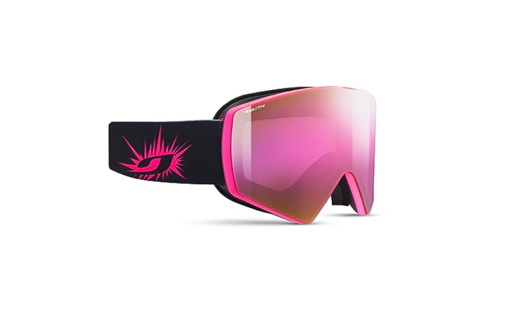 The Julbo Razor Edge Goggle features a pink reflective frameless cylindrical lens with anti-fog coating and a black strap with a pink graphic and logo, shown on a white background.