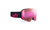 The Julbo Razor Edge Goggle features a pink reflective frameless cylindrical lens with anti-fog coating and a black strap with a pink graphic and logo, shown on a white background.