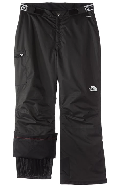 The North Face Girls Freedom Insulated Pant in black features belt loops, a right thigh zip pocket, adjustable Velcro waist tabs, and an inner gaiter—ideal insulated winter pants for kids.